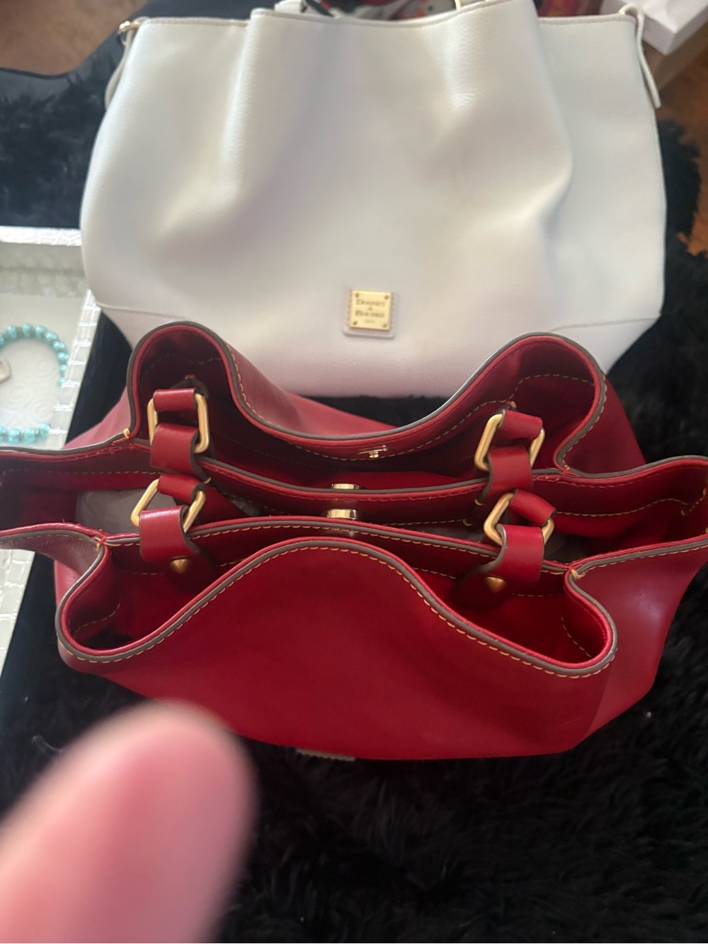 Dooney & Bourke Red Leather Triple-Compartment Tote with Gold Hardware